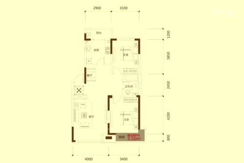 锦城邻里H1户型88.77平-2室2厅1卫1厨建筑面积88.77平米