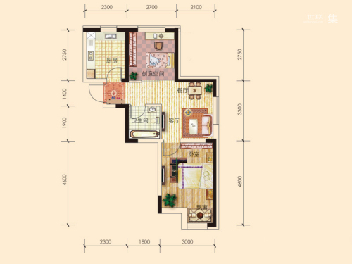 东安瑞凯国际g户型-1室2厅1卫1厨建筑面积58.00平米