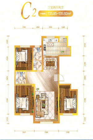 良品柏宏爱琴湾三期C2户型-3室2厅2卫1厨建筑面积135.00平米