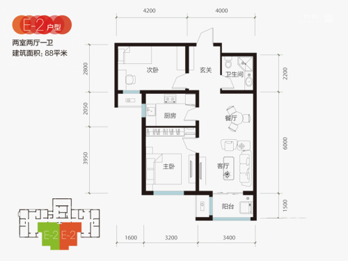 西美花街大厦标准层E-2户型-2室2厅1卫1厨建筑面积88.00平米