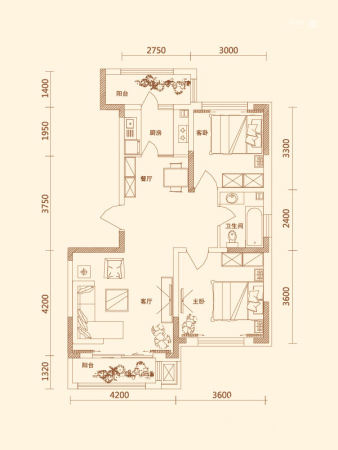 晟鑫康诗丹郡高层G-2户型-高层G-2户型-2室2厅1卫1厨建筑面积96.00平米