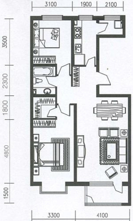 世代龙泽湾D户型-2室2厅1卫1厨建筑面积110.00平米