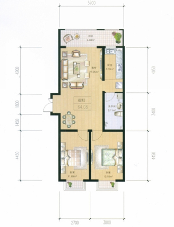 松浦观江国际N户型-2室2厅1卫1厨建筑面积64.08平米