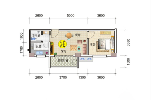 凯润嘉园3-E户型-1室2厅1卫1厨建筑面积52.75平米