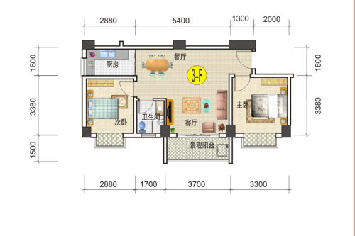 凯润嘉园3-F户型-2室2厅1卫1厨建筑面积74.37平米