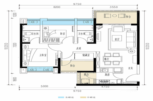 珠江青云台一期1、2号楼标准层C户型-3室2厅2卫1厨建筑面积93.00平米