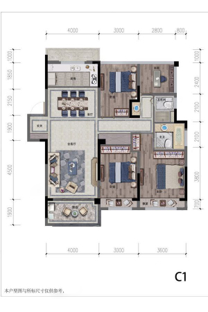 都会艺境C1户型-4室2厅2卫1厨建筑面积130.00平米
