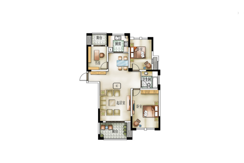 橡树城一期32、33#标准层J1户型-3室2厅1卫1厨建筑面积113.00平米