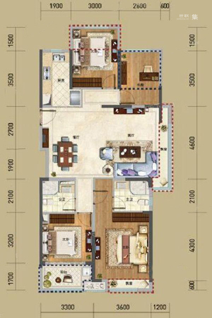 雅居乐国际花园二期G1户型-4室2厅2卫1厨建筑面积128.00平米