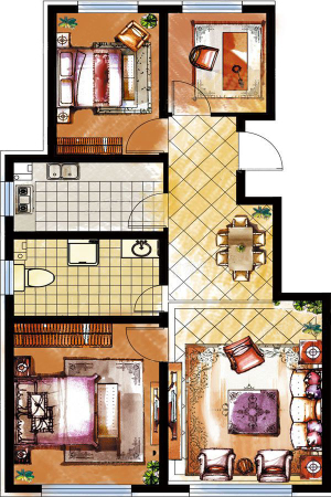 豪邦四季中央98平户型-3室2厅1卫1厨建筑面积98.00平米