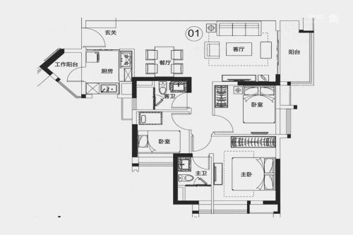 保利紫云B1-01户型-3室2厅2卫1厨建筑面积98.00平米