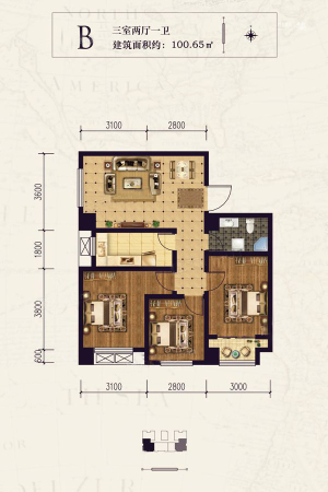 硕辉蓝堡湾B户型-3室2厅1卫1厨建筑面积100.65平米