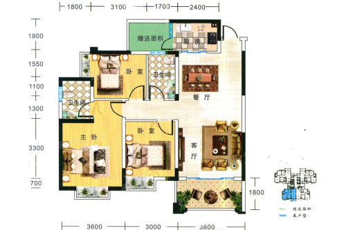 宏瑞新城F#105平三房户型-3室2厅2卫1厨建筑面积105.00平米