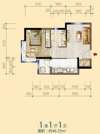 明发锦绣华城4层A户型-1室1厅1卫1厨建筑面积46.25平米