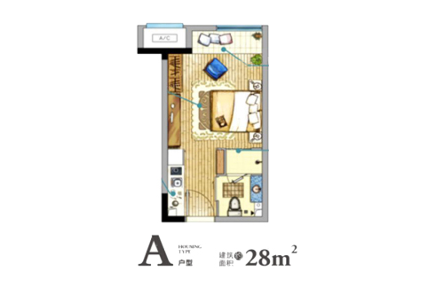 九仰爱琴海A户型-1室1厅1卫1厨建筑面积28.00平米