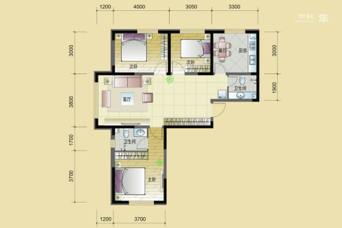 东逸美郡二期O户型-3室2厅2卫1厨建筑面积124.52平米