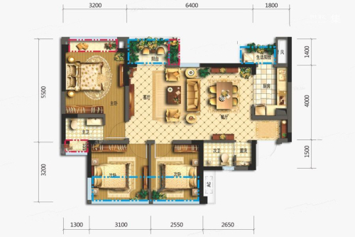 新尚天地2、3、7#标准层C2户型-3室2厅2卫1厨建筑面积87.00平米