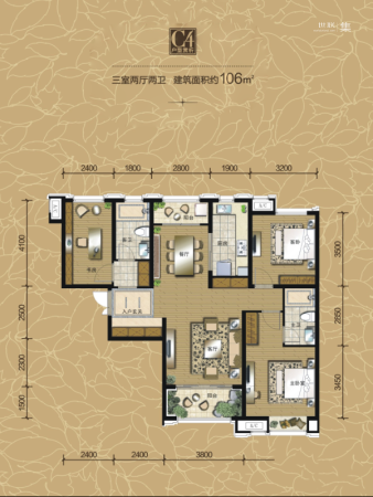 曲江·华著中城一期4号楼C4户型-3室2厅2卫1厨建筑面积106.00平米