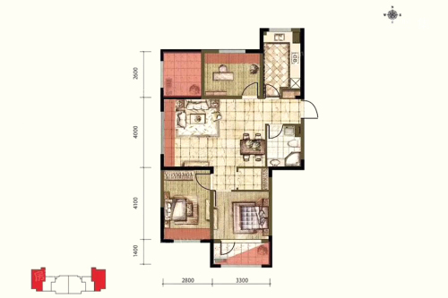 新湖青蓝国际3期C1户型-3室2厅1卫1厨建筑面积94.46平米