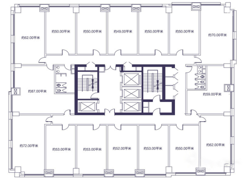CDD创意港·嘉悦广场2、3、6#办公楼3-17层奇数标准层户型-1室1厅1卫1厨建筑面积50.00平米