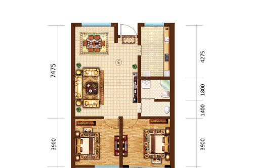 昌盛新天地E户型-2室2厅1卫1厨建筑面积105.65平米