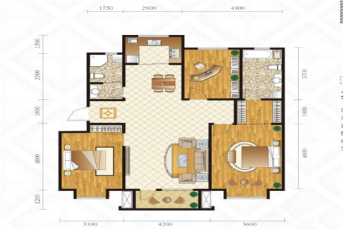 富海茗乔G1户型6#标准层-3室2厅2卫1厨建筑面积123.48平米