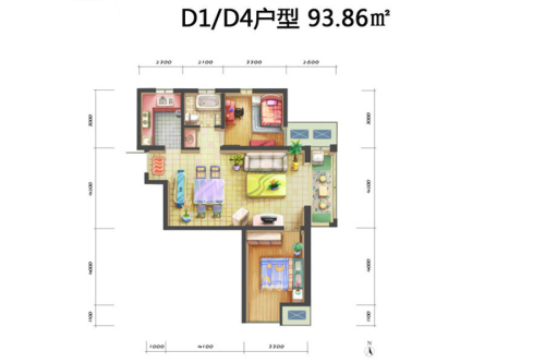 泾渭分明·生态半岛D1、D4户型-2室2厅1卫1厨建筑面积93.86平米