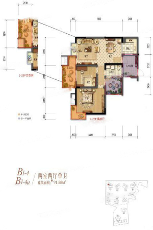 棠湖清江花语一期B1-4、B1-4a户型标准层-2室2厅1卫1厨建筑面积91.88平米