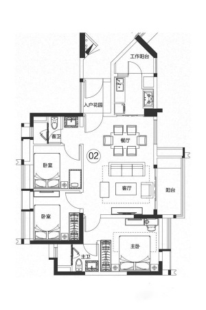 保利紫云B1-02户型-3室2厅2卫1厨建筑面积96.74平米