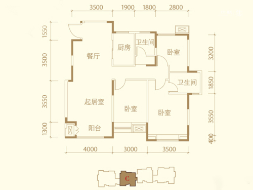 滨海星河荣御洋房标准层C户型-3室2厅2卫1厨建筑面积110.00平米