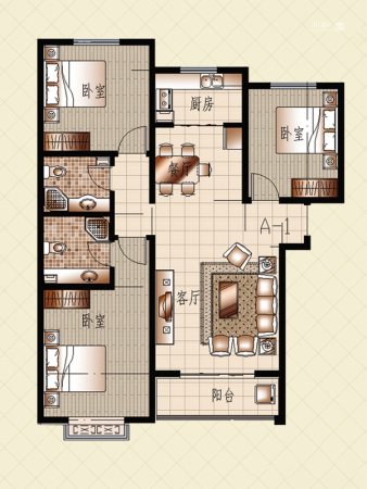 上起澜湾3-4#楼标准层A2户型-3室2厅2卫1厨建筑面积126.84平米