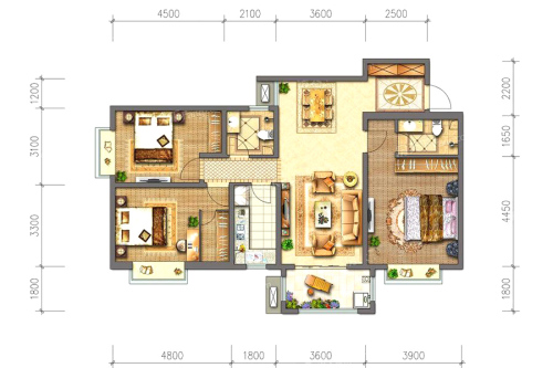 泽星大厦129平户型-3室2厅2卫1厨建筑面积129.00平米