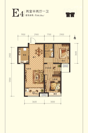 想象国际南11#标准层E4户型-2室2厅1卫1厨建筑面积90.59平米