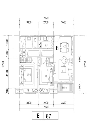 正定天山熙湖标准层B1户型-2室2厅1卫1厨建筑面积87.00平米