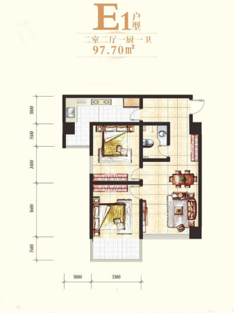 丰禾壹号1号楼E1户型-2室2厅1卫1厨建筑面积97.70平米