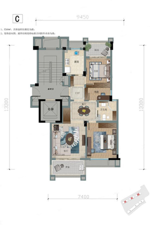风荷郡C户型-3室2厅1卫1厨建筑面积89.00平米