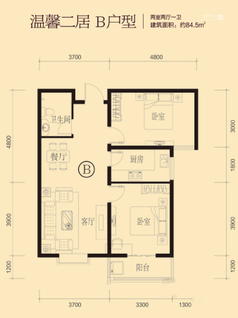 华庭国际广场标准层B户型-2室2厅1卫1厨建筑面积89.00平米