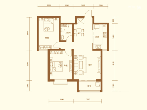 地润新城标准层B-3户型-2室2厅1卫1厨建筑面积96.82平米
