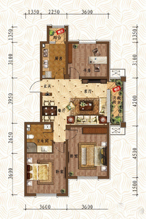 蓝卡·观澜世家A户型-3室2厅1卫1厨建筑面积104.00平米