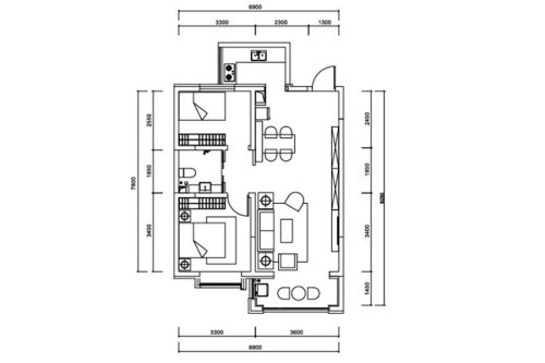 百岁万汇城D1户型-2室2厅1卫1厨建筑面积78.88平米