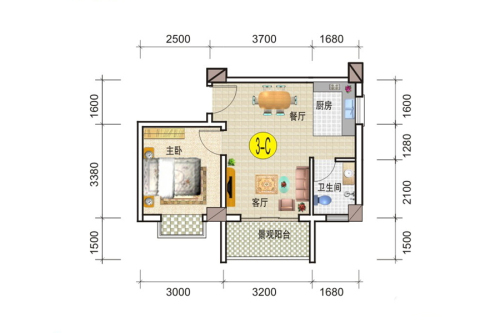 凯润嘉园3-C户型-1室2厅1卫1厨建筑面积48.89平米