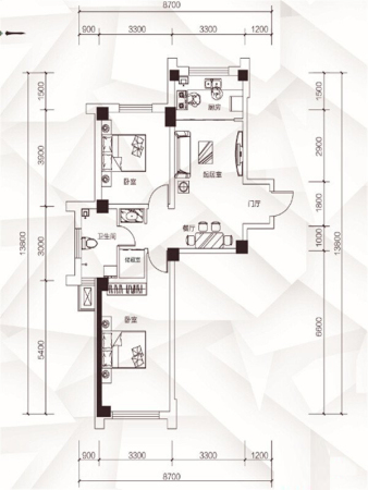上东城市之光三期高层H户型-2室2厅1卫1厨建筑面积87.00平米