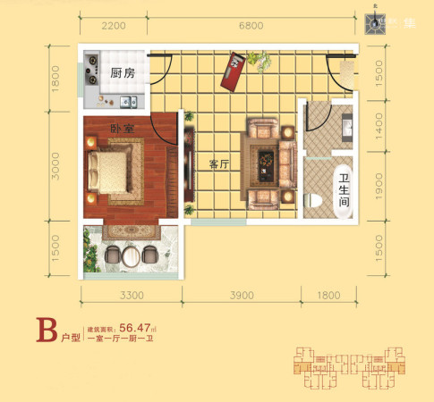锦尚云天·古镇1号楼、2号楼B户型-1室1厅1卫1厨建筑面积56.47平米