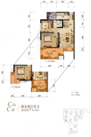 棠湖清江花语一期C-3a、C-3b户型标准层-2室2厅1卫1厨建筑面积76.16平米