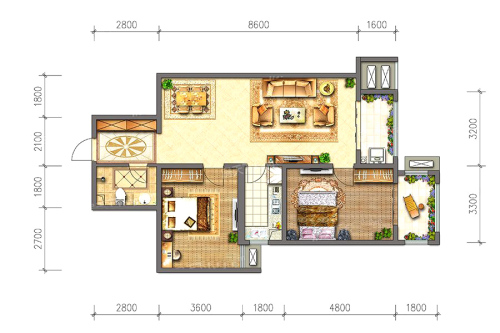 泽星大厦113平户型-2室2厅1卫1厨建筑面积113.00平米
