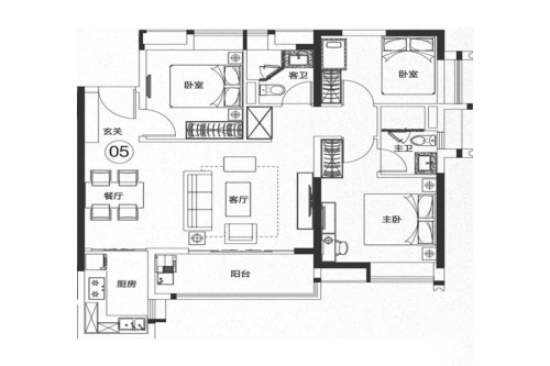 保利紫云B2-05户型-3室2厅2卫1厨建筑面积106.65平米