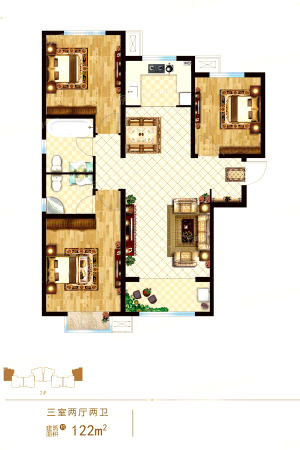 嘉城首邸2#标准层A1户型-3室2厅2卫1厨建筑面积122.00平米