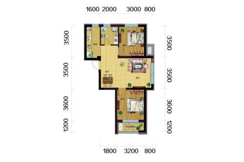 雷明锦程二期A2-1、A2-2户型76㎡-2室2厅1卫1厨建筑面积76.92平米