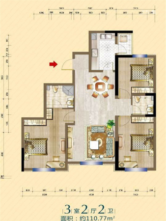 明发锦绣华城1层C户型-3室2厅2卫1厨建筑面积110.77平米