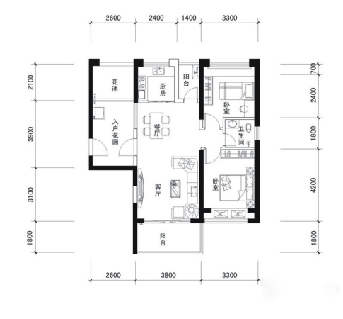 第九湾三期11#一单元06、4-32层户型-2室2厅1卫1厨建筑面积88.79平米
